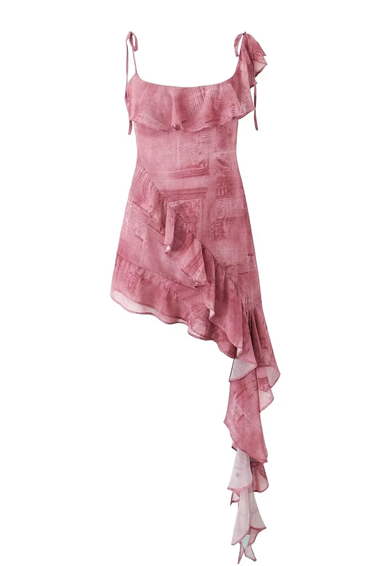 Ruffle Printed Tie Strap Irregular Mini Dress
