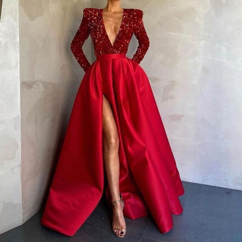 Kissnovaa - Women Sequins Satin Patchwork V Neck Infront Split Dresses