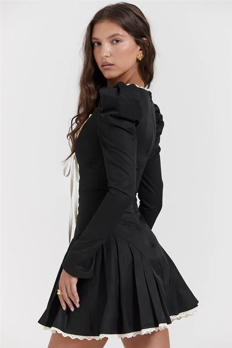 Shoulder Puff Pleated Mini Dress