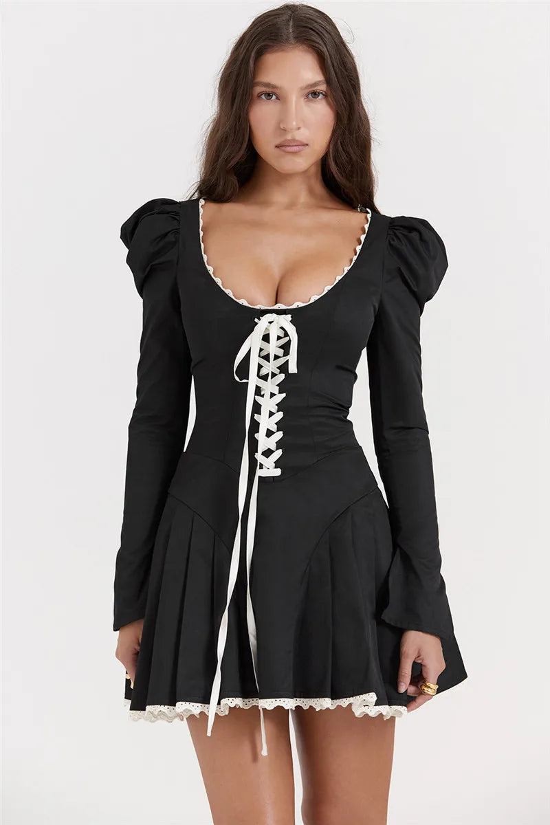 Shoulder Puff Pleated Mini Dress