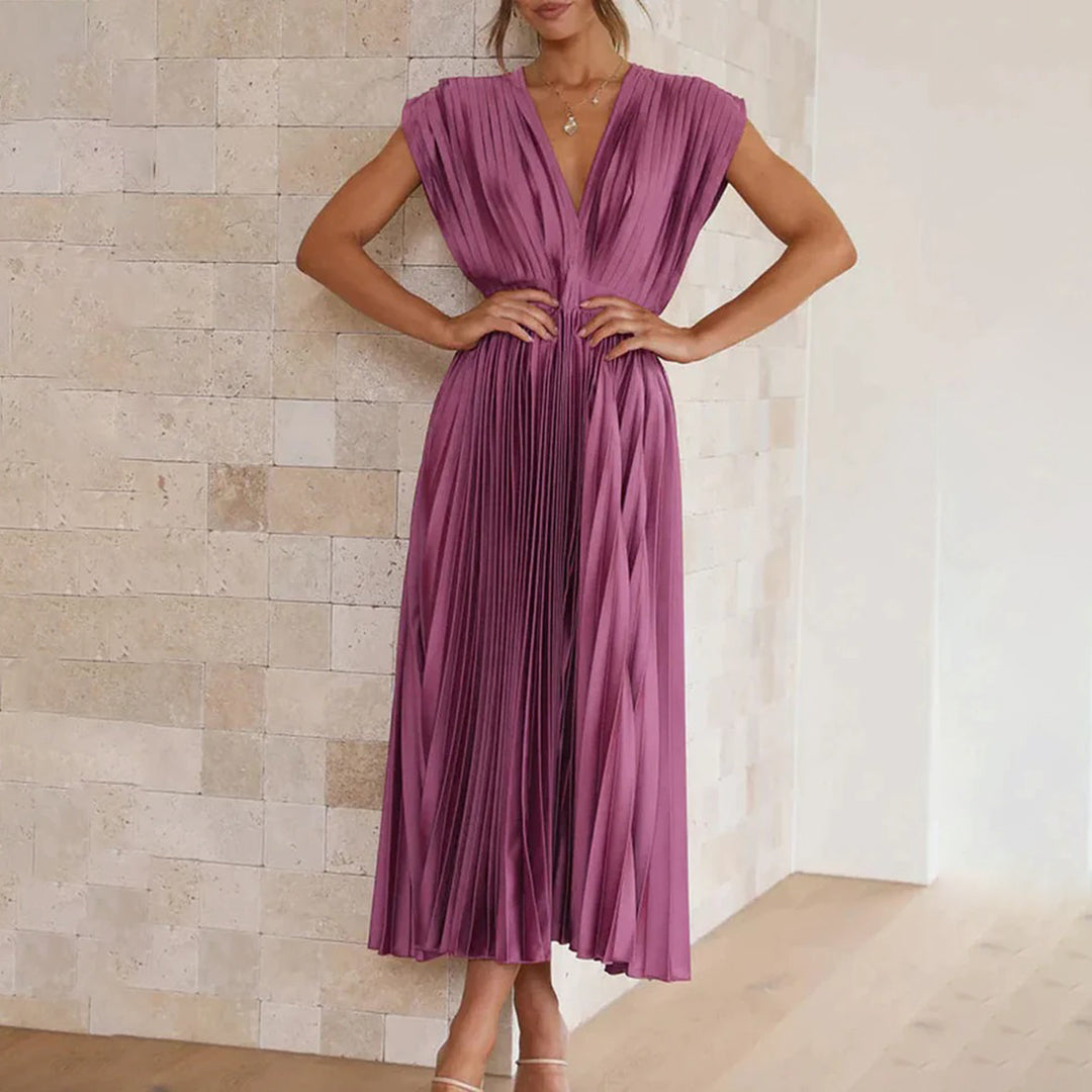 Mertxe Refined V-neck Pleated Maxi Dress for Women Sophisticated Look