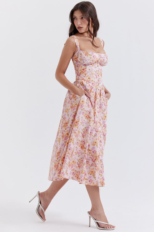 Tatiana Pink Botanical Print Midi Dress