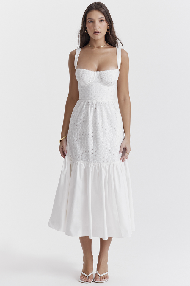 White Elia Broderie Anglaise Midi Dress