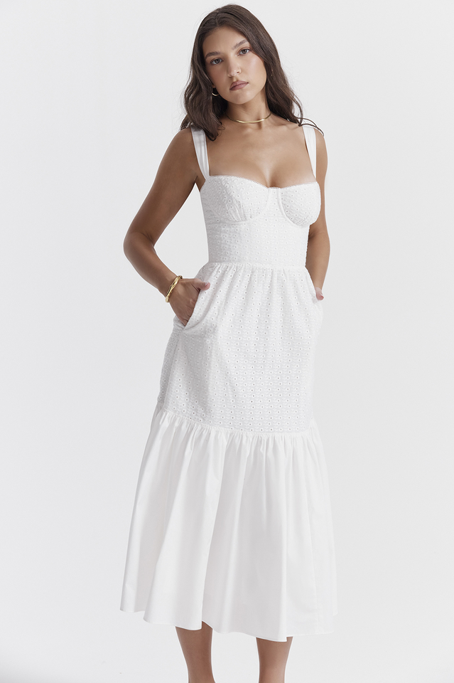 White Elia Broderie Anglaise Midi Dress