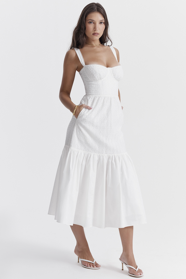 White Elia Broderie Anglaise Midi Dress