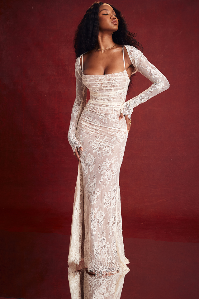 Retro Cream White Lace Maxi Dress