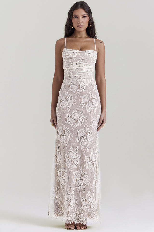 Retro Cream White Lace Maxi Dress