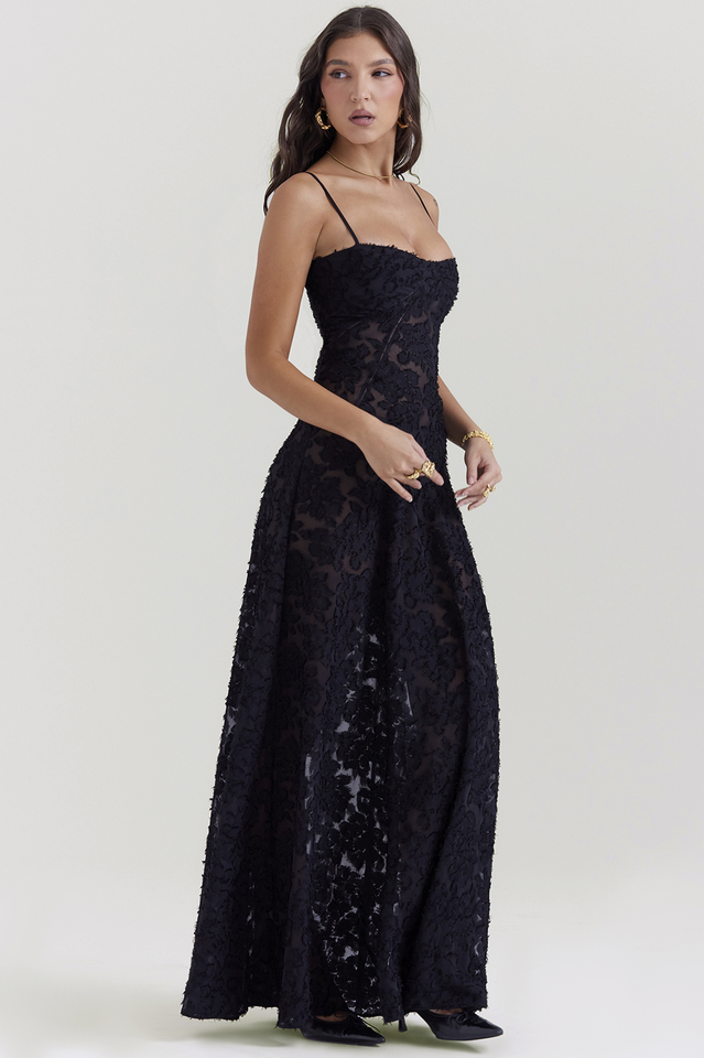 Serena Retro Black Printed Maxi Dress