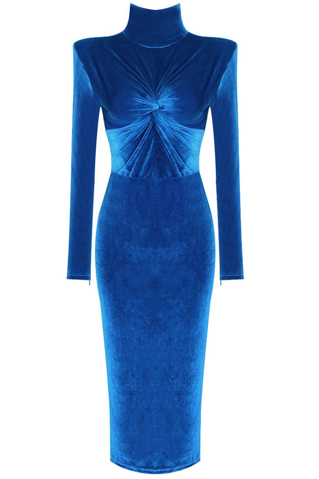 High Classy Neck Twist Long Sleeve Velvet Cocktail Party Midi Dress - Royal Blue