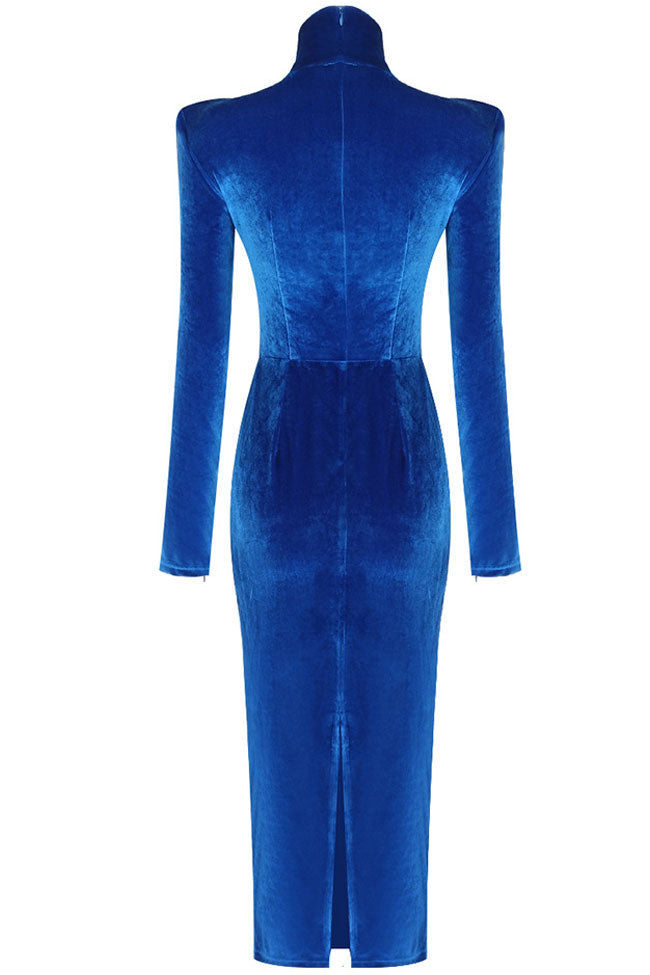 High Classy Neck Twist Long Sleeve Velvet Cocktail Party Midi Dress - Royal Blue
