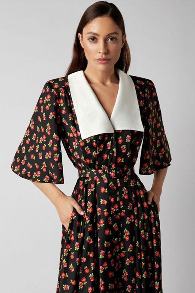 French Spread Collar Short Sleeve Button Down Bloom Midi Dress - Black