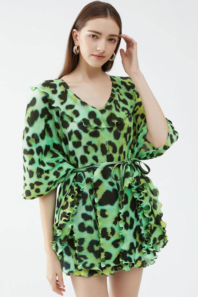V Classy Neck Half Sleeve Leopard Print Pleated Ruffle Mini Dress - Green