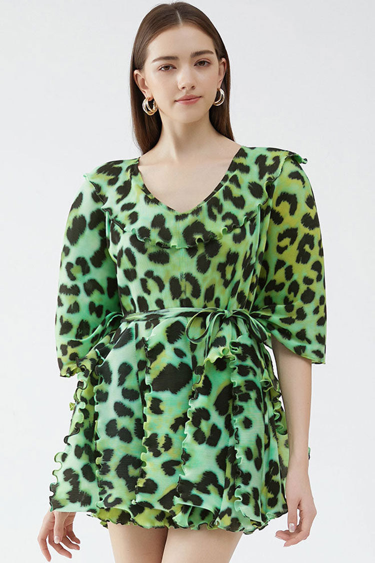 V Classy Neck Half Sleeve Leopard Print Pleated Ruffle Mini Dress - Green