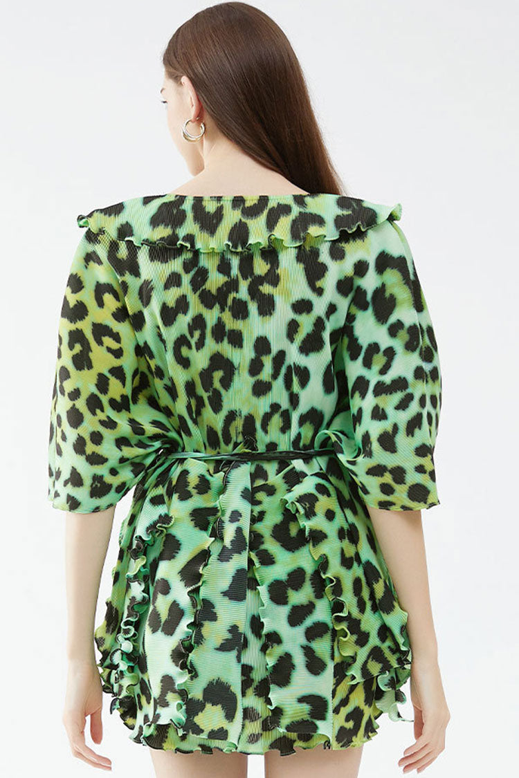 V Classy Neck Half Sleeve Leopard Print Pleated Ruffle Mini Dress - Green