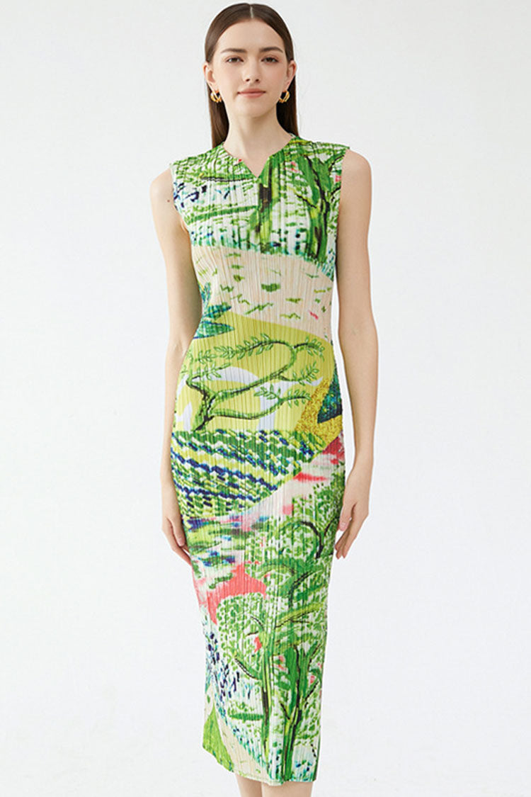 V Classy Neck Landscape Print Sleeveless Pleated Midi Dress - Green