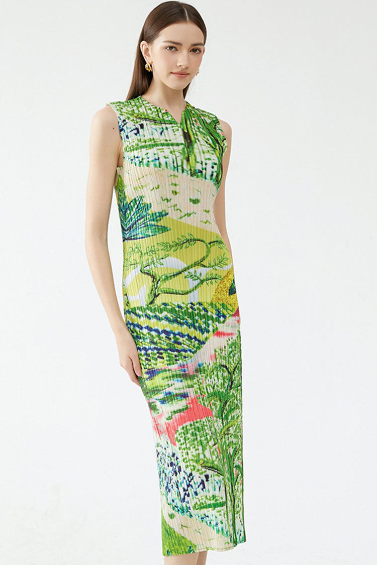 V Classy Neck Landscape Print Sleeveless Pleated Midi Dress - Green