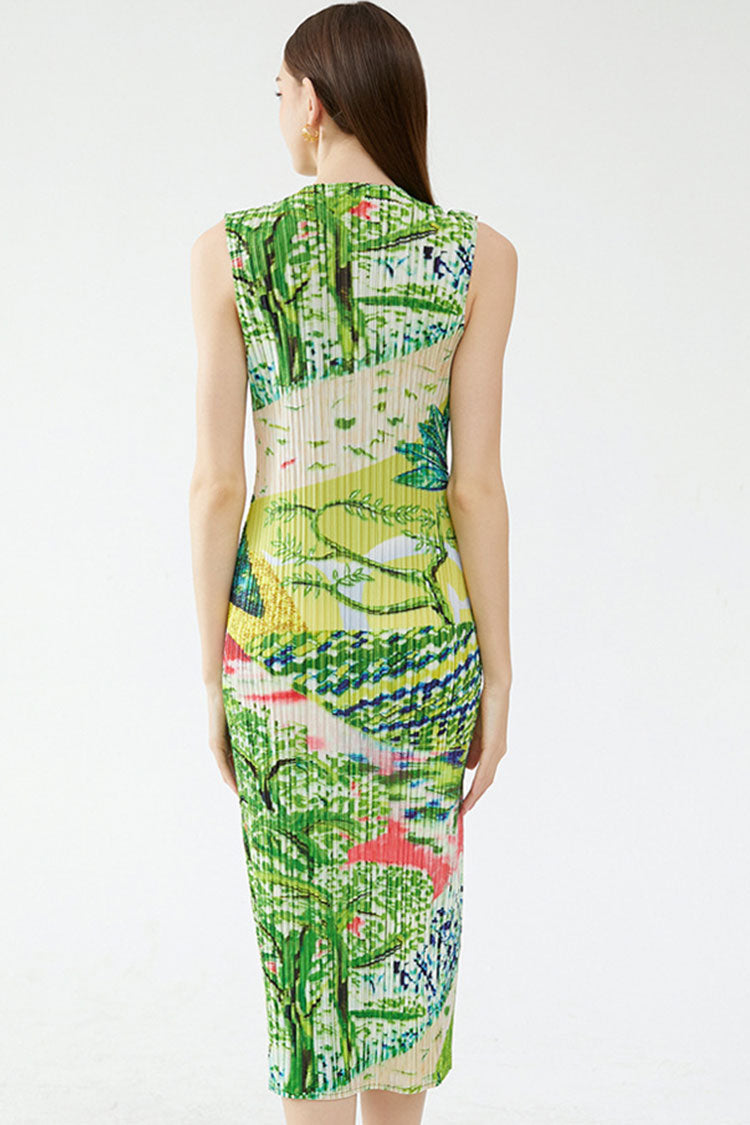 V Classy Neck Landscape Print Sleeveless Pleated Midi Dress - Green