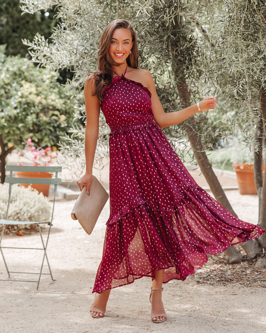 Metallic Remarkable Detailed Halter Midi Dress Wine FINAL