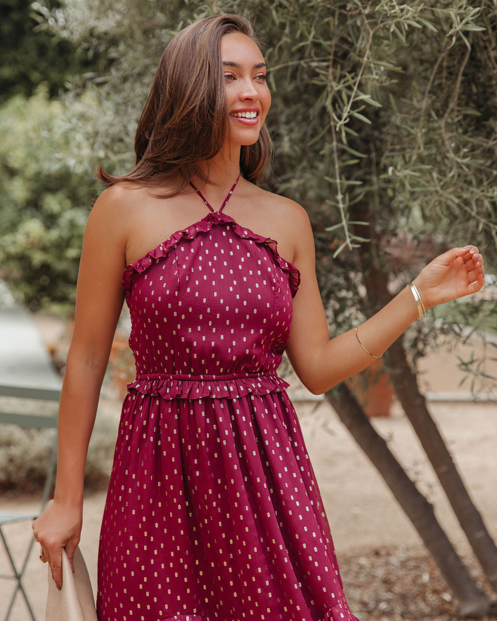 Metallic Remarkable Detailed Halter Midi Dress Wine FINAL