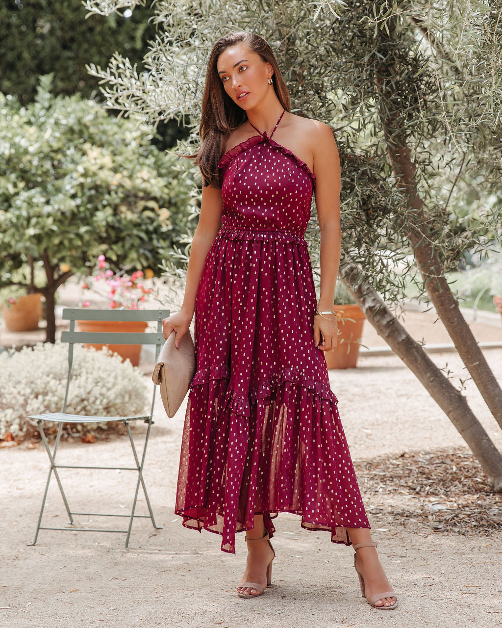 Metallic Remarkable Detailed Halter Midi Dress Wine FINAL