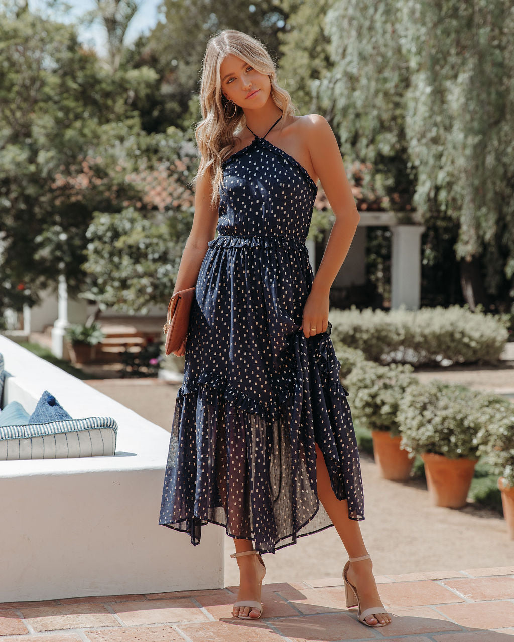 Metallic Remarkable Detailed Halter Midi Dress Navy FINAL