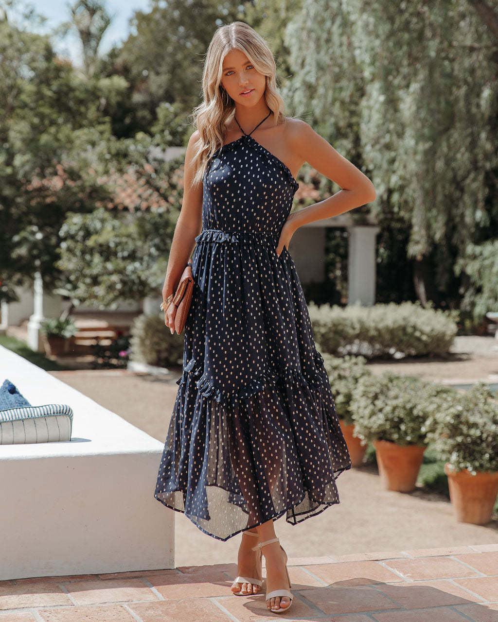 Metallic Remarkable Detailed Halter Midi Dress Navy FINAL