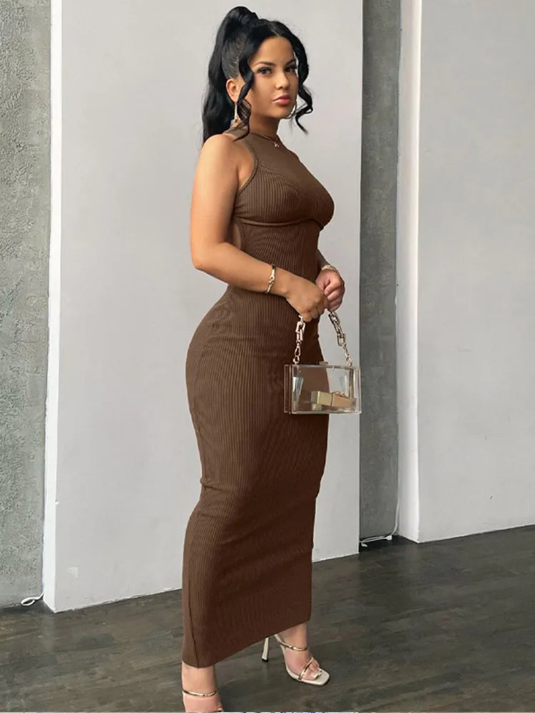 Ribbed Hollow Backless Sleeveless Slit Mini Sophisticated Y2K Midi Dresses