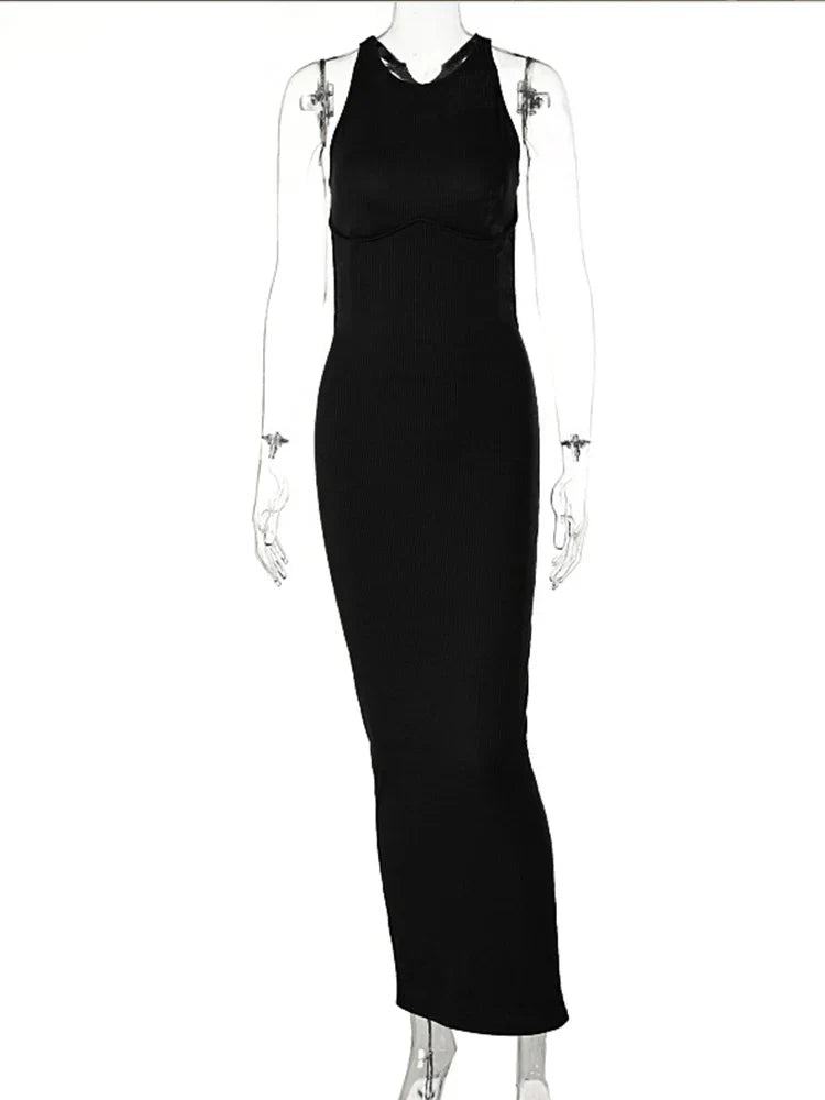 Ribbed Hollow Backless Sleeveless Slit Mini Sophisticated Y2K Midi Dresses
