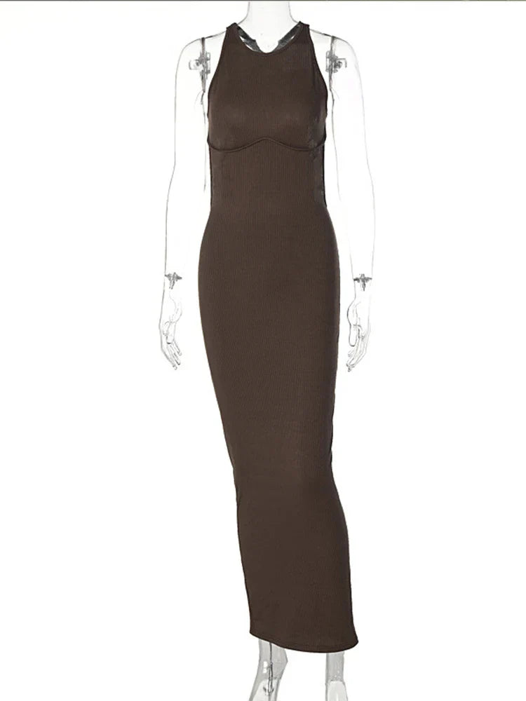 Ribbed Hollow Backless Sleeveless Slit Mini Sophisticated Y2K Midi Dresses