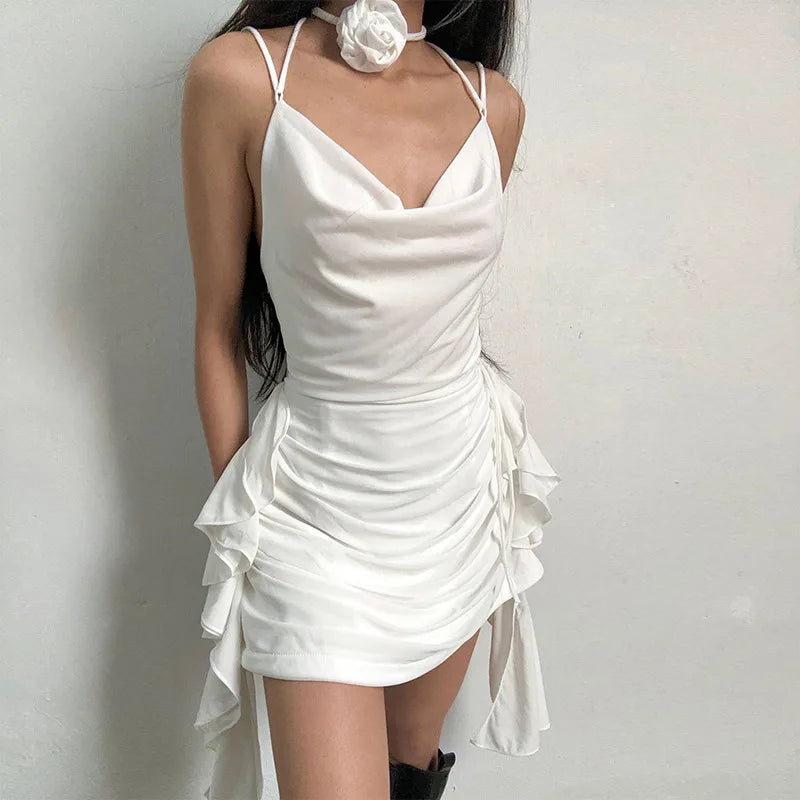 Neck Rose Tie Mini Dress