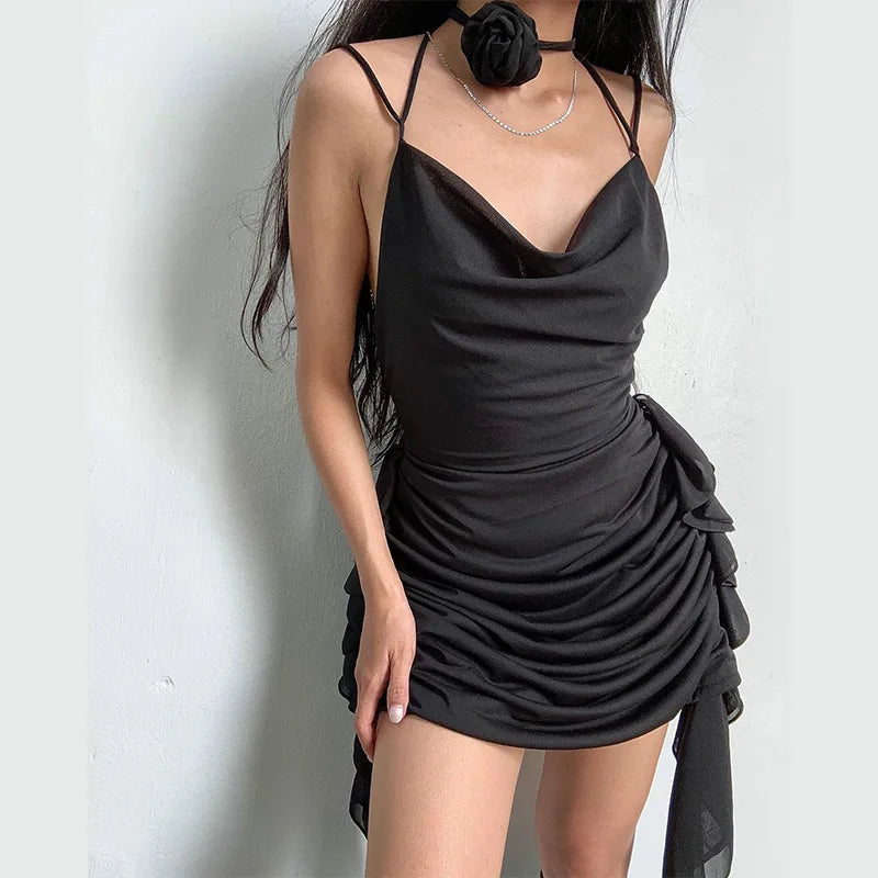 Neck Rose Tie Mini Dress