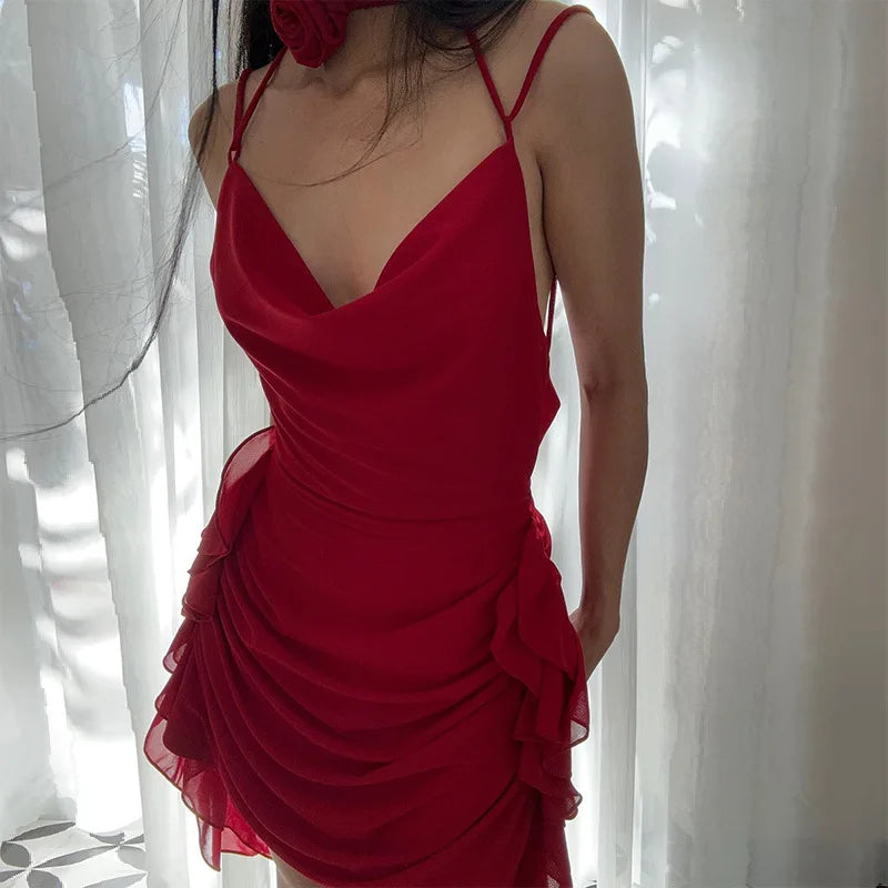 Neck Rose Tie Mini Dress