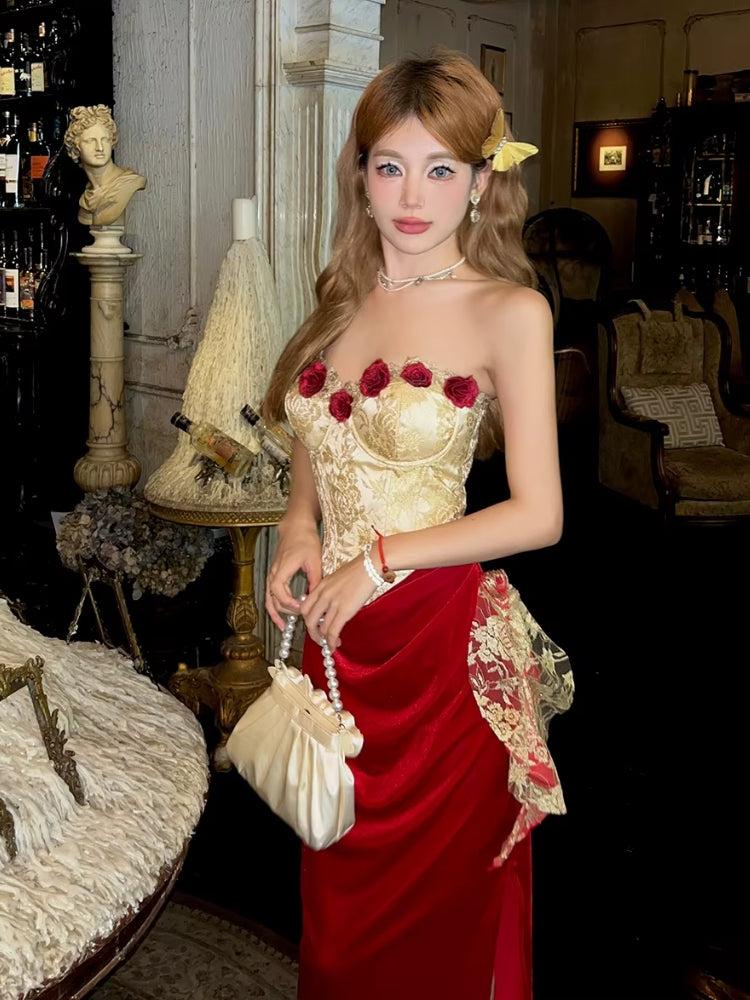 Velvet Rose Corset Midi Dress