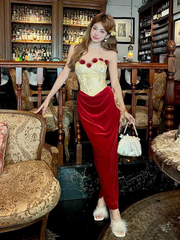 Velvet Rose Corset Midi Dress
