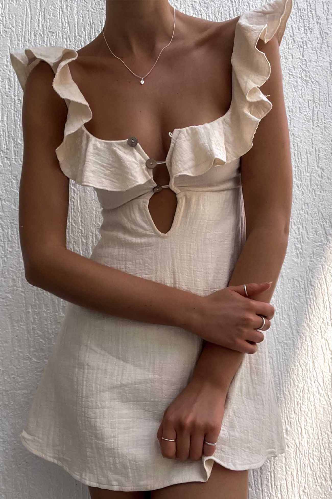 Button Ruffled Down Holllow Mini Dress