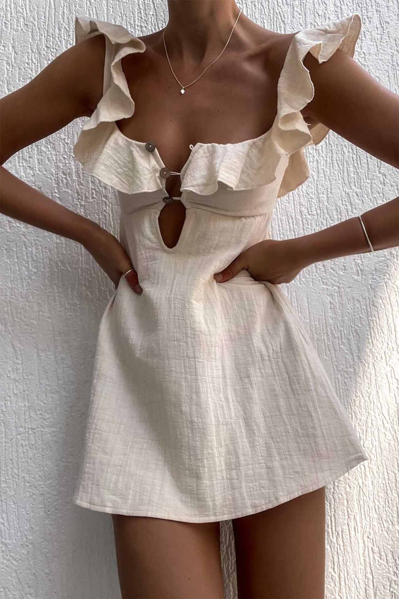 Button Ruffled Down Holllow Mini Dress