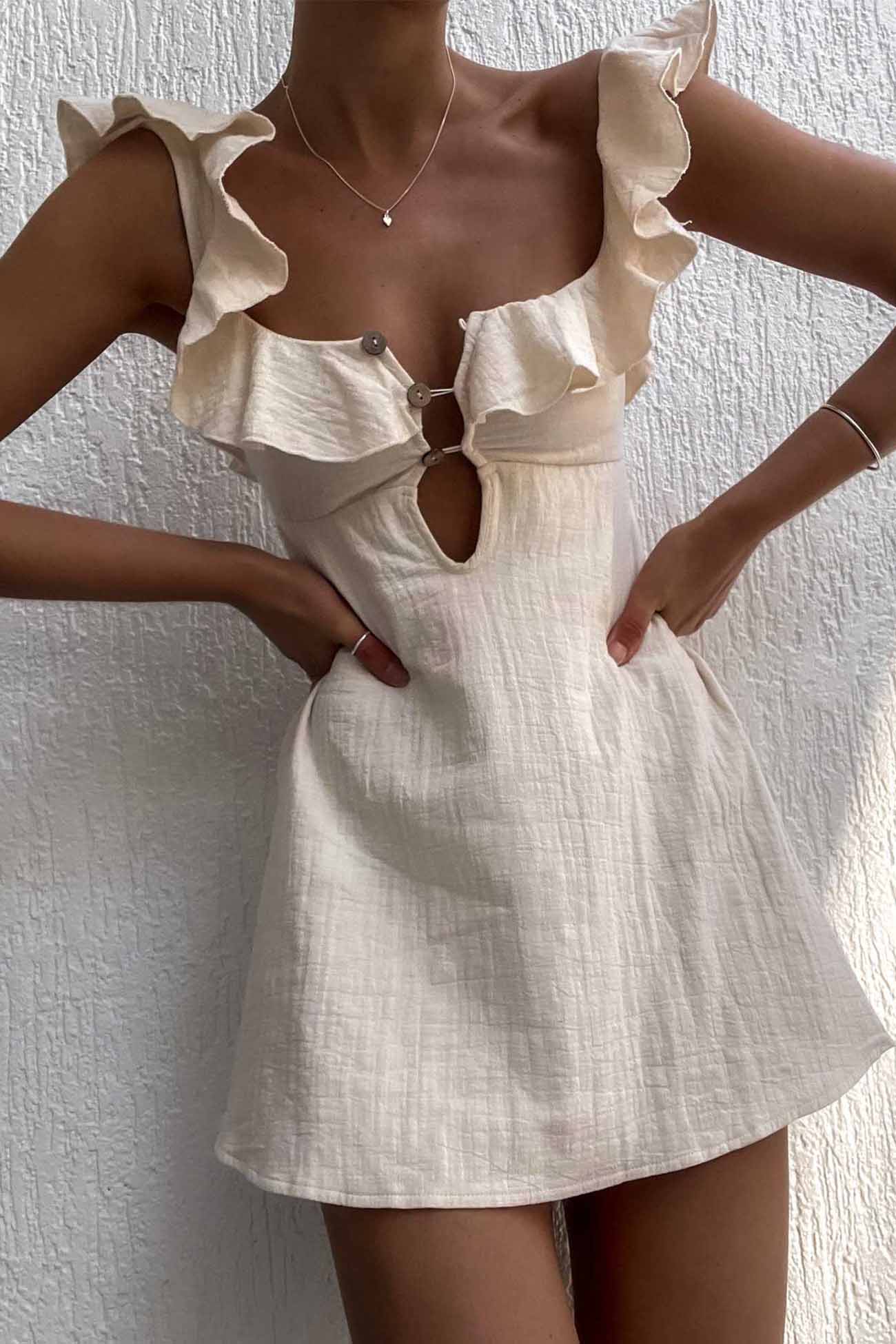 Button Ruffled Down Holllow Mini Dress