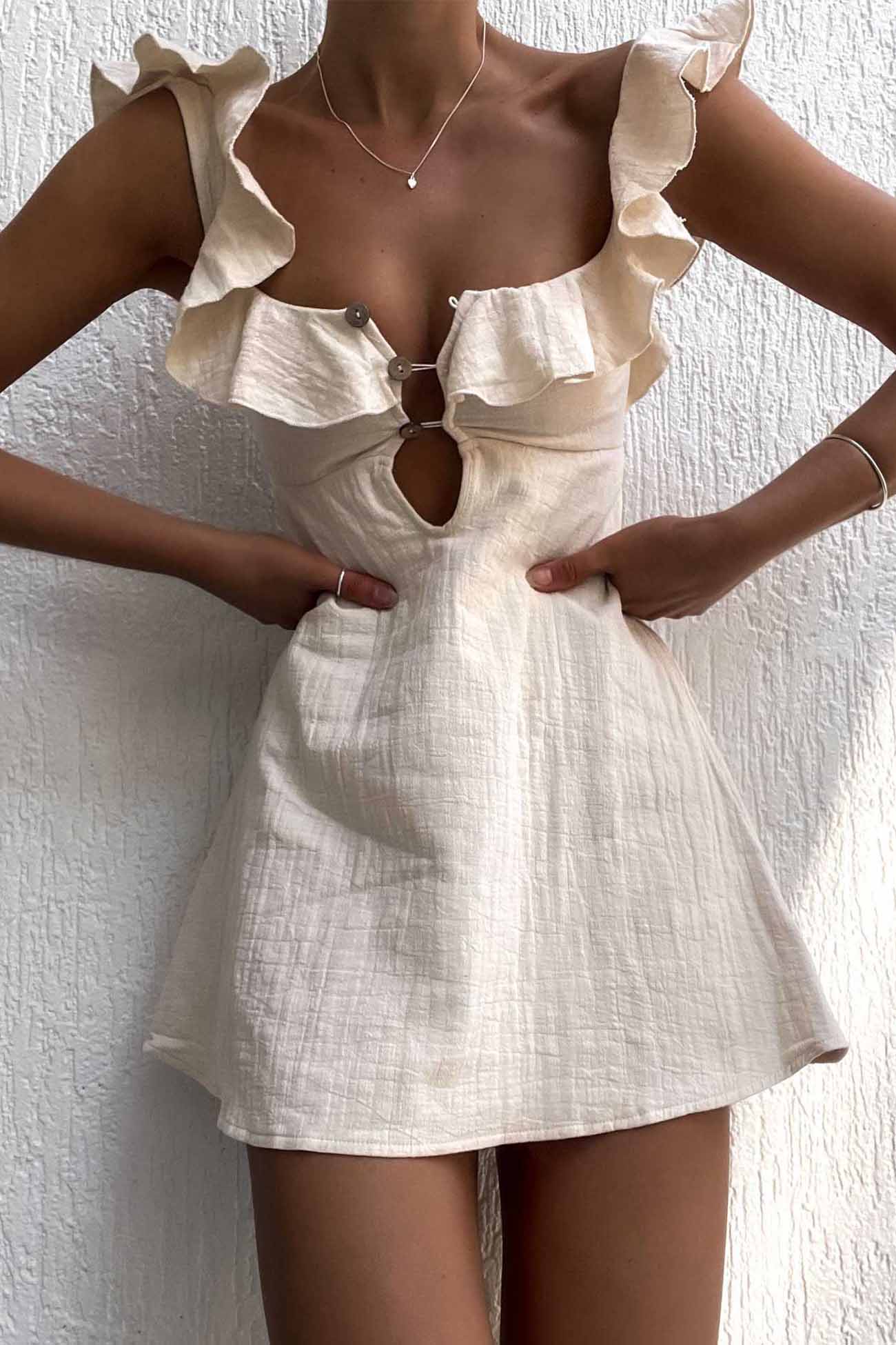 Button Ruffled Down Holllow Mini Dress