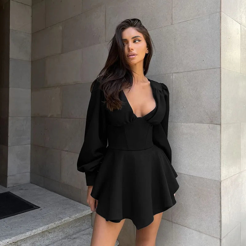 Sexy Low Cut Long Sleeve Pleated Mini Dress Women Graceful Wrap Waist Slim Party Vestido Spring Fall Harajuku Y2K Clothes