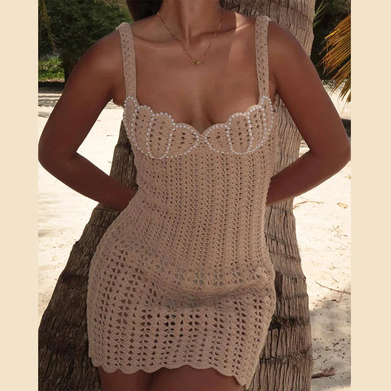 Beaded Pearl Hollow Knitted Mini Dress