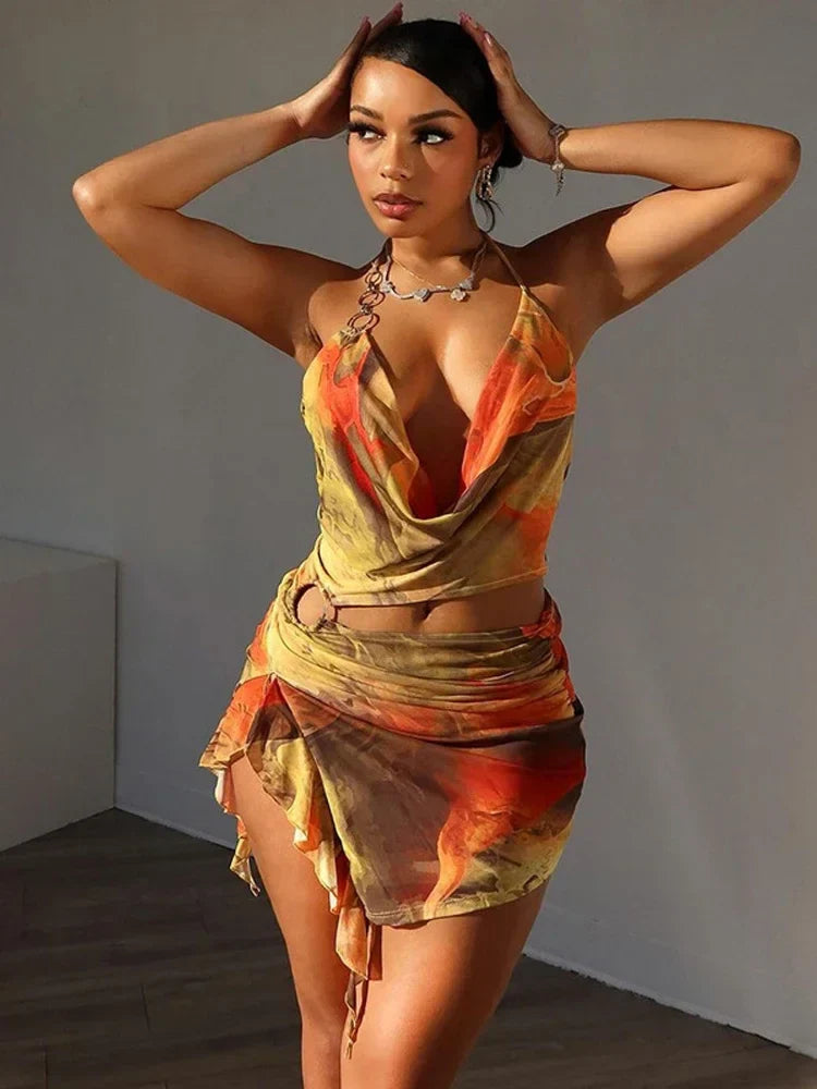 Dye Tie Halter Cut Out Ruffle Mini Dress