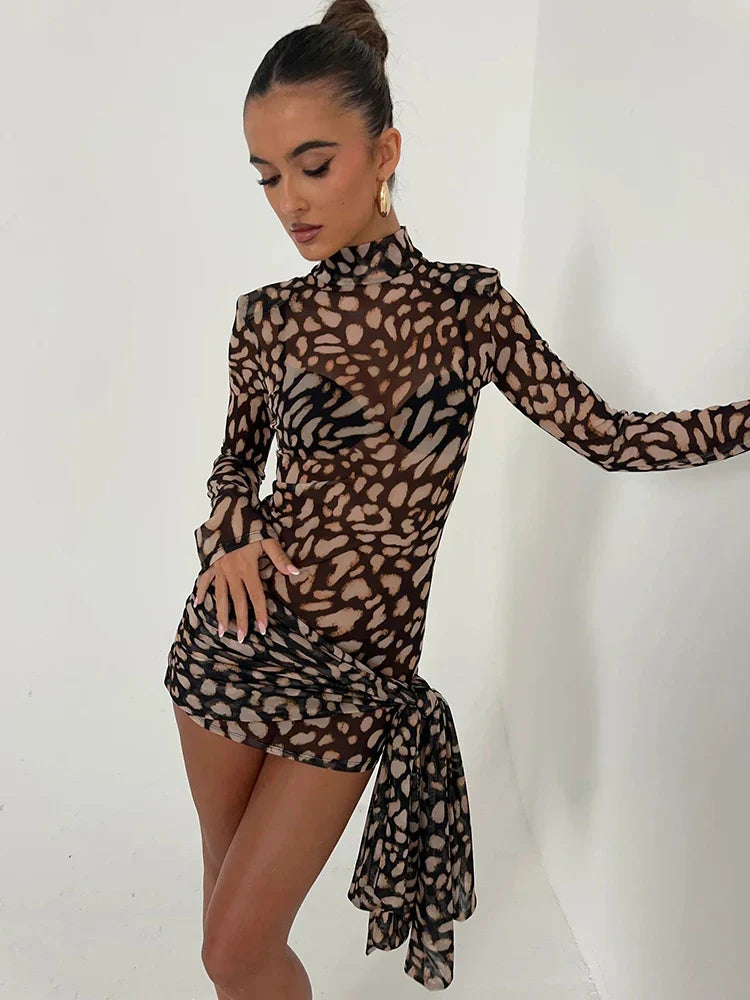Sheer Leopard Bandage Long Sleeve Mini Dress