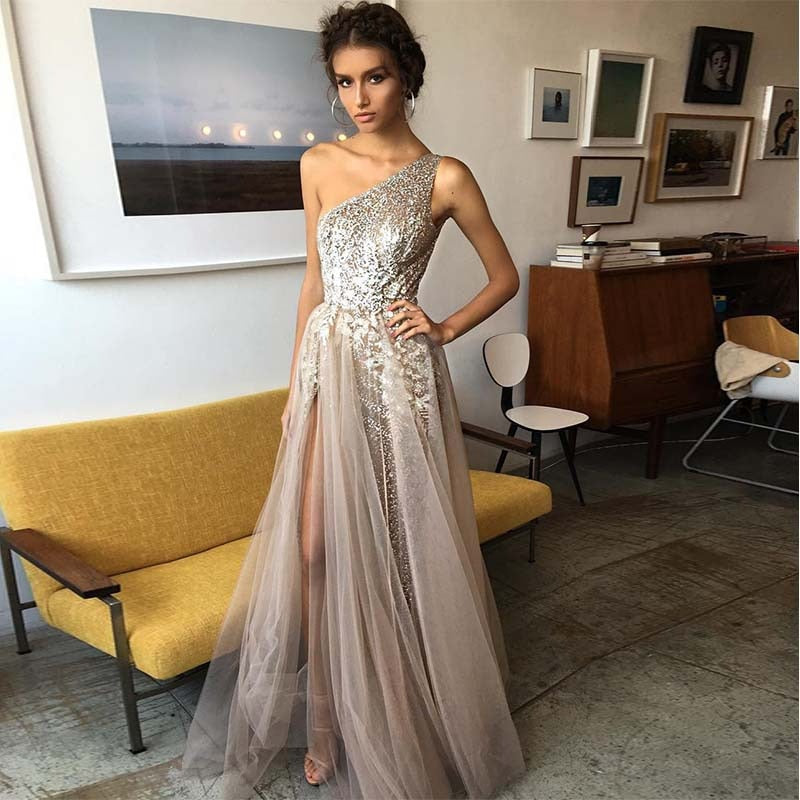 Kissnovaa - One Shoulder A Line Sexy Slim Prom Party Dresses