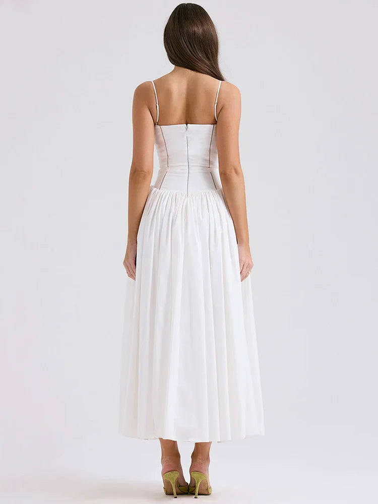 Spaghetti White Strap Backless Midi Dress