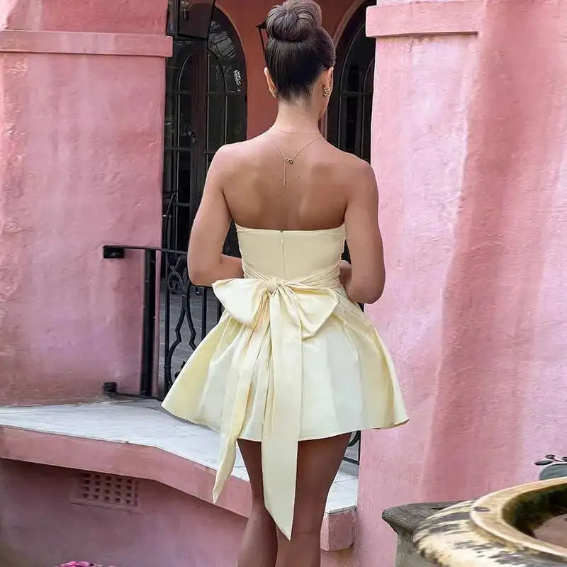 Bow Pearl Waist Wrap Backless Mini Dress