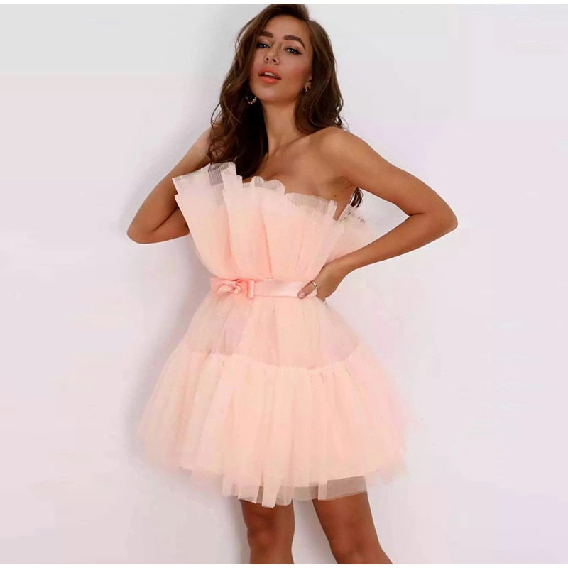 Kissnovaa - Off Shoulder Mesh Tutu Dress Bodycon Lace Short Dress
