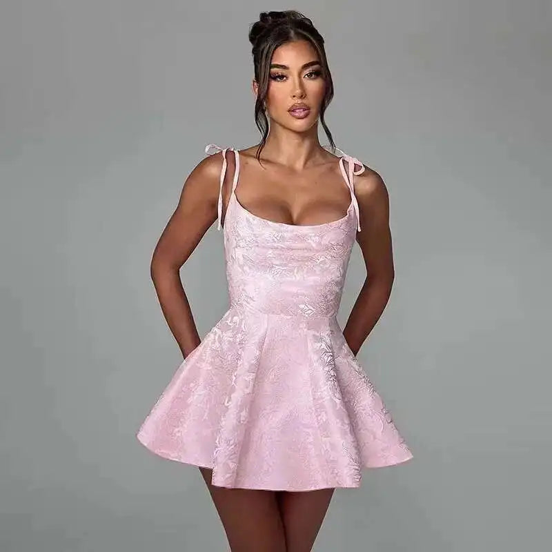 Backless Bow Jacquard A Line Mini Dress
