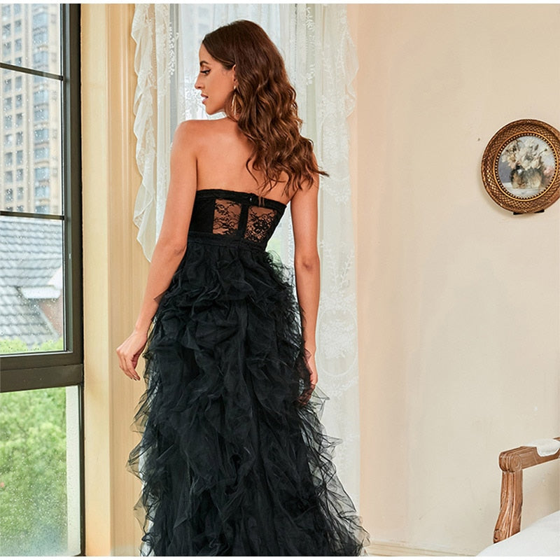 Kissnovaa - Lace Mesh Off Shoulder High Waist Evening Dress