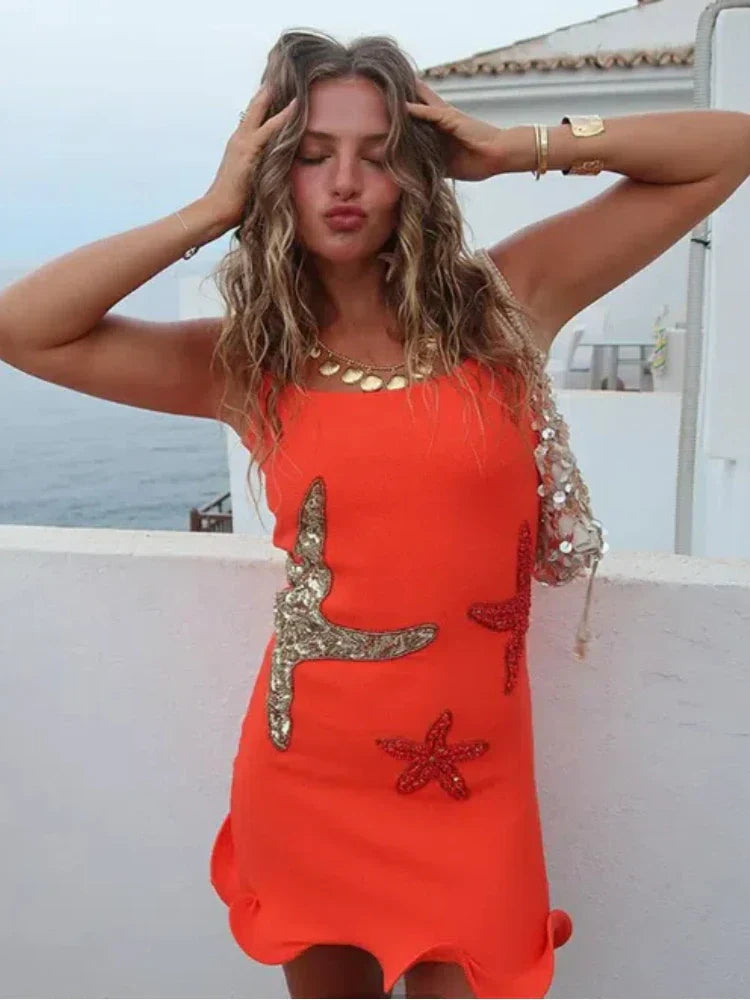 Wrapped Starfish Waist Shiny Mini Dress