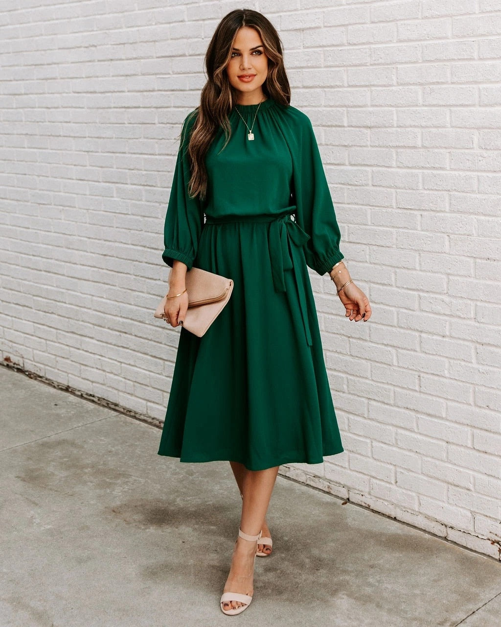 Refined Office Dress Formal Loose Green Long Sleeve Belt ALine Midi Dresses
